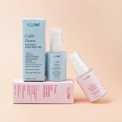 Treat Acne Duo: Even Skin Pore Minimizing Dark Spot Skin Serum + Calm Down AHA+BHA Acne Spot Gel & Exfoliating Skin Serum