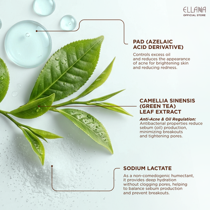 Green tea leaf extract with droplets and text about ELLANA's product ingredients on a light background.