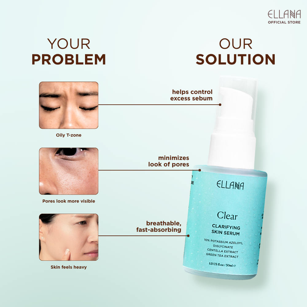 Ellana skincare serum with product features and benefits on a light blue background