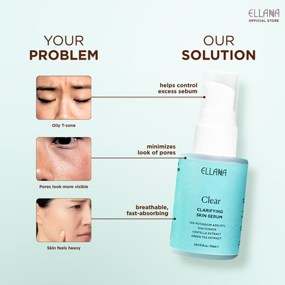 Ellana skincare serum with product features and benefits on a light blue background