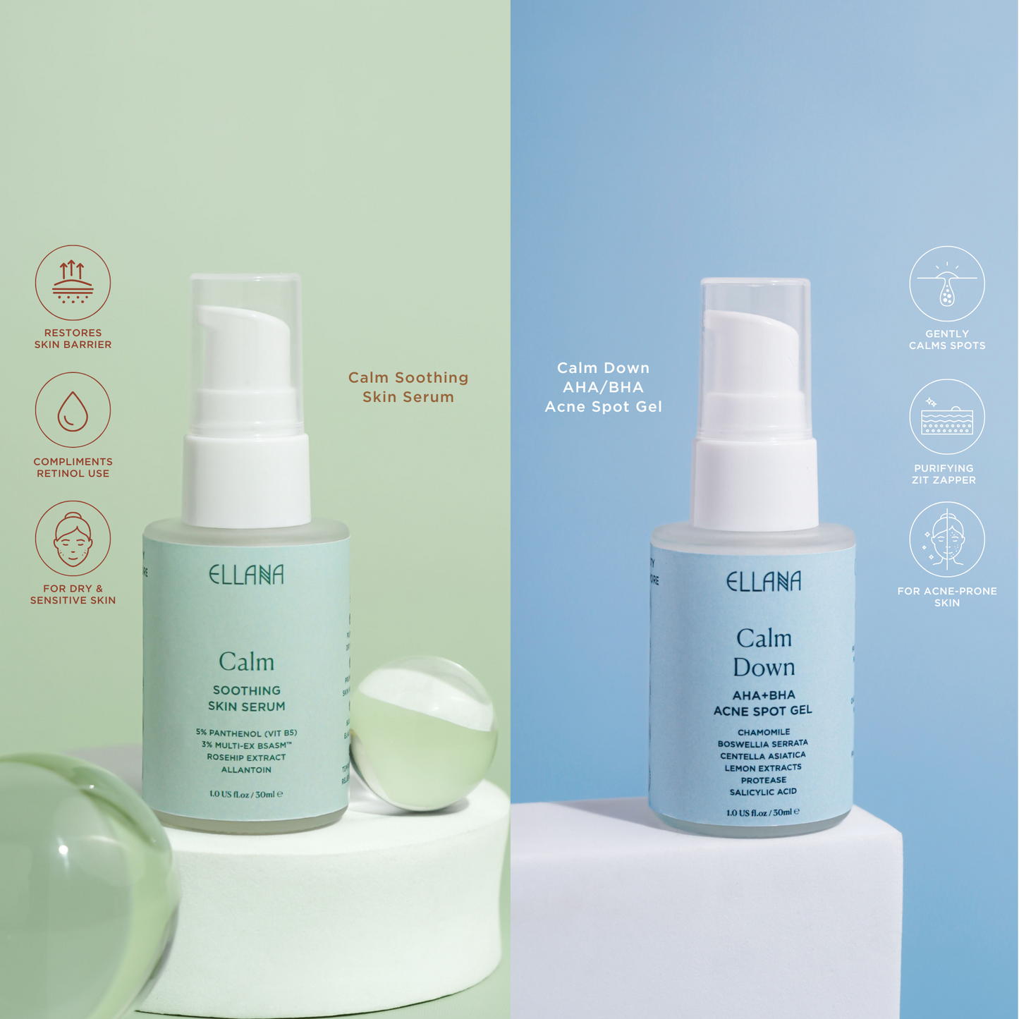 Treat Acne Duo: Calm Soothing Skin Serum + Calm Down AHA+BHA Acne Spot Gel & Exfoliating Skin Serum